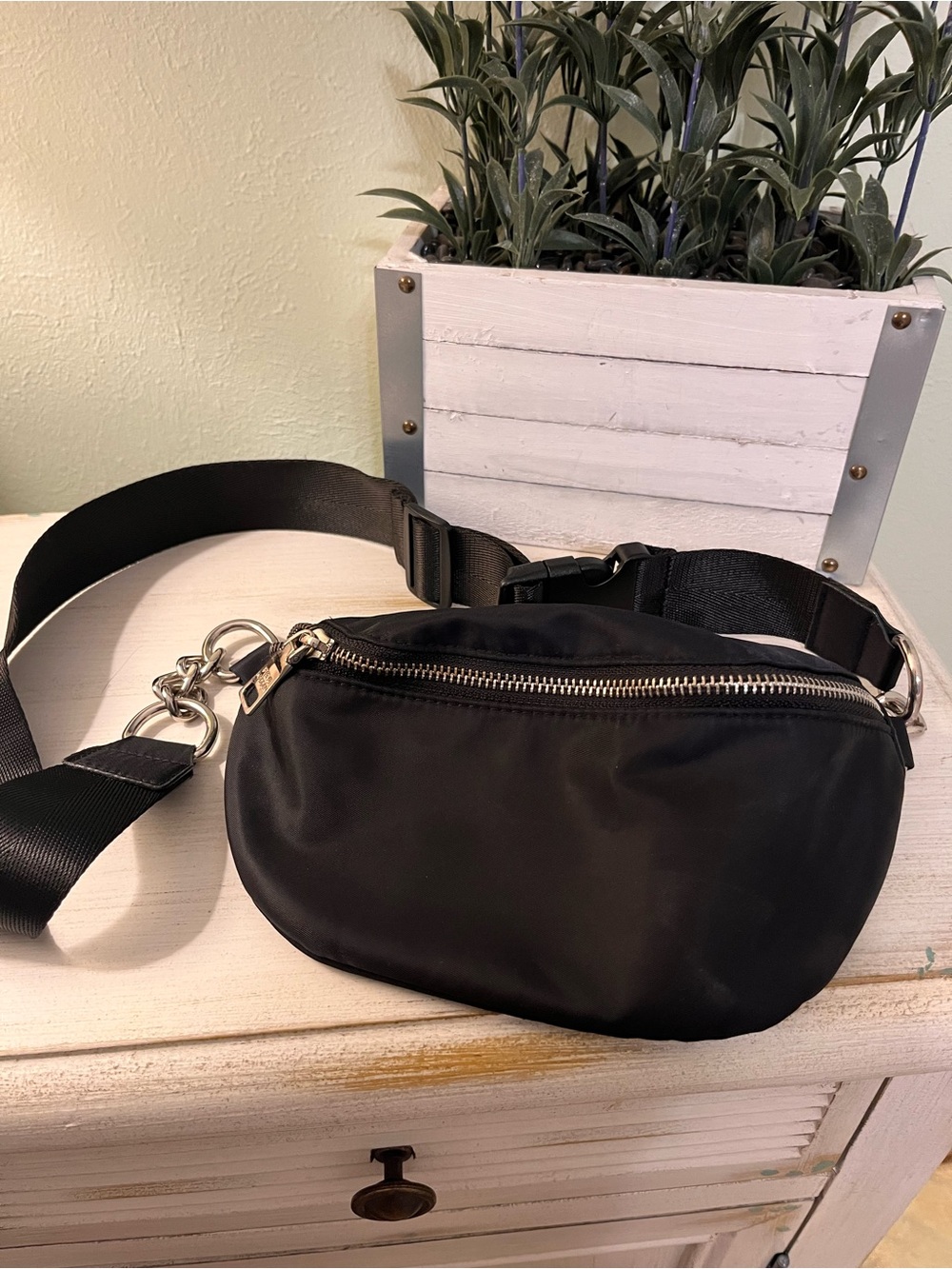 Steve Madden Black Nylon Belt Bag w/ Silver-tone Chain Accent